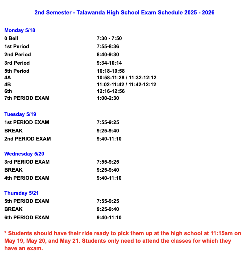 2nd Semester Exam Schedule